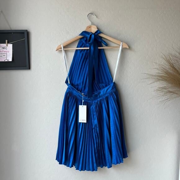 L’IDEE Renaissance Moroccan Blue Pleated Satin Crisscross Halter Mini‎ Dress NWT - Picture 4 of 10